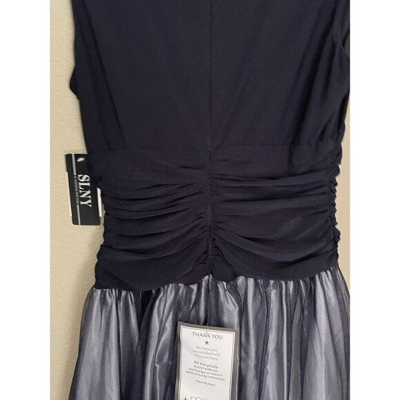 SLNY Missy Blue Fit & Flare Cocktail Party Dress Sleeveless Navy Size 6 Stretch - Picture 12 of 16